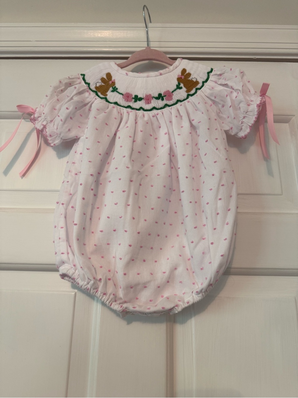 Girls Smocked Bunny Bubble Romper Pink Swiss Dot Easter Boutique